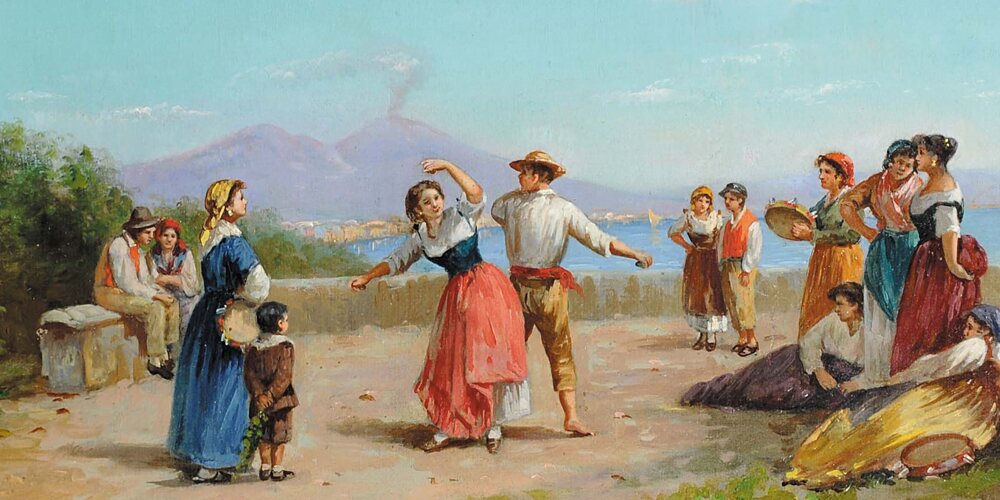 Serata di balli e musica popolare calabrese con la tarantella al tramonto — Evening of Calabrian folk dance and music with the tarantella at sunset